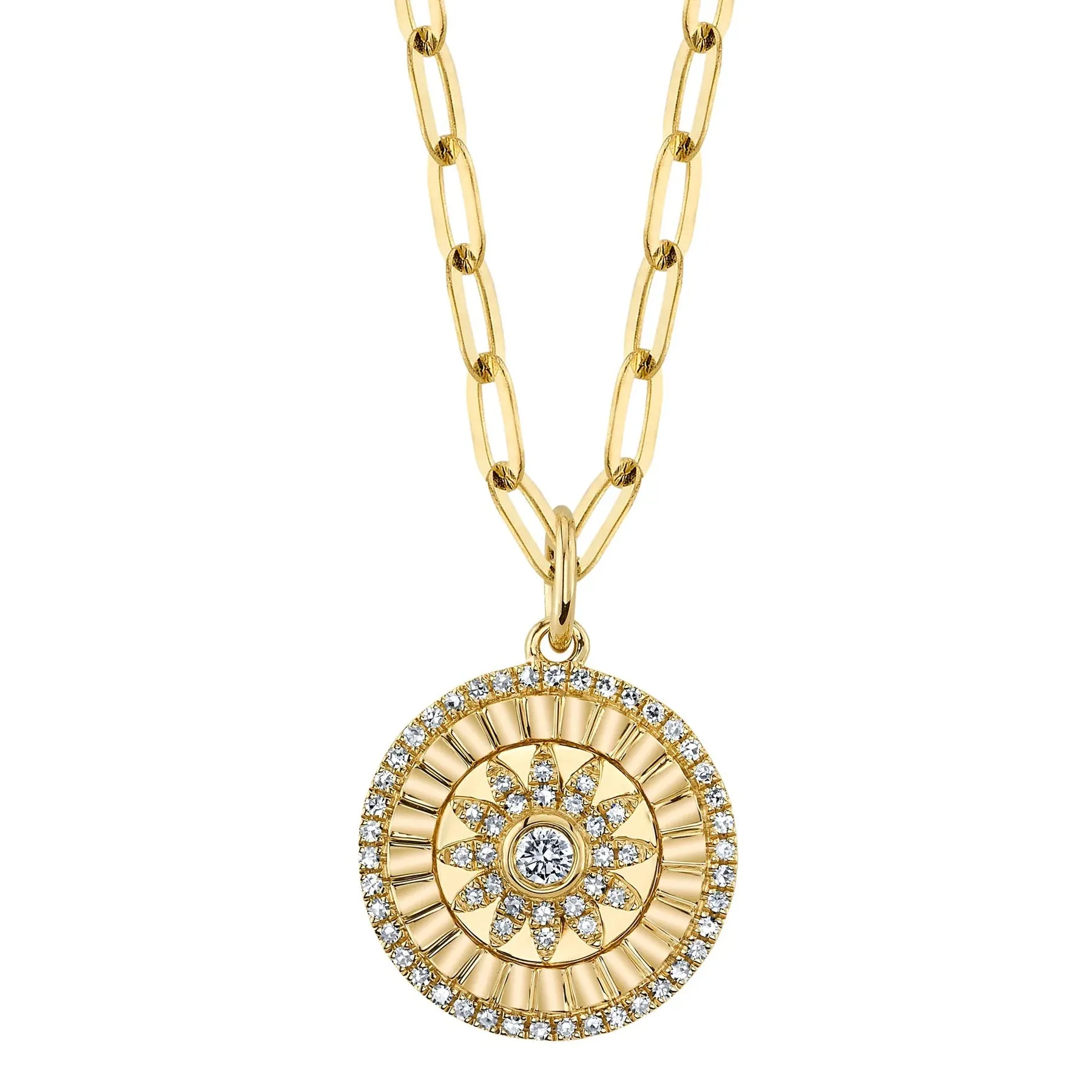 14K Gold 0.20 Carat Total Weight Diamond Flower Medallion Paperclip Chain Pendant Necklace