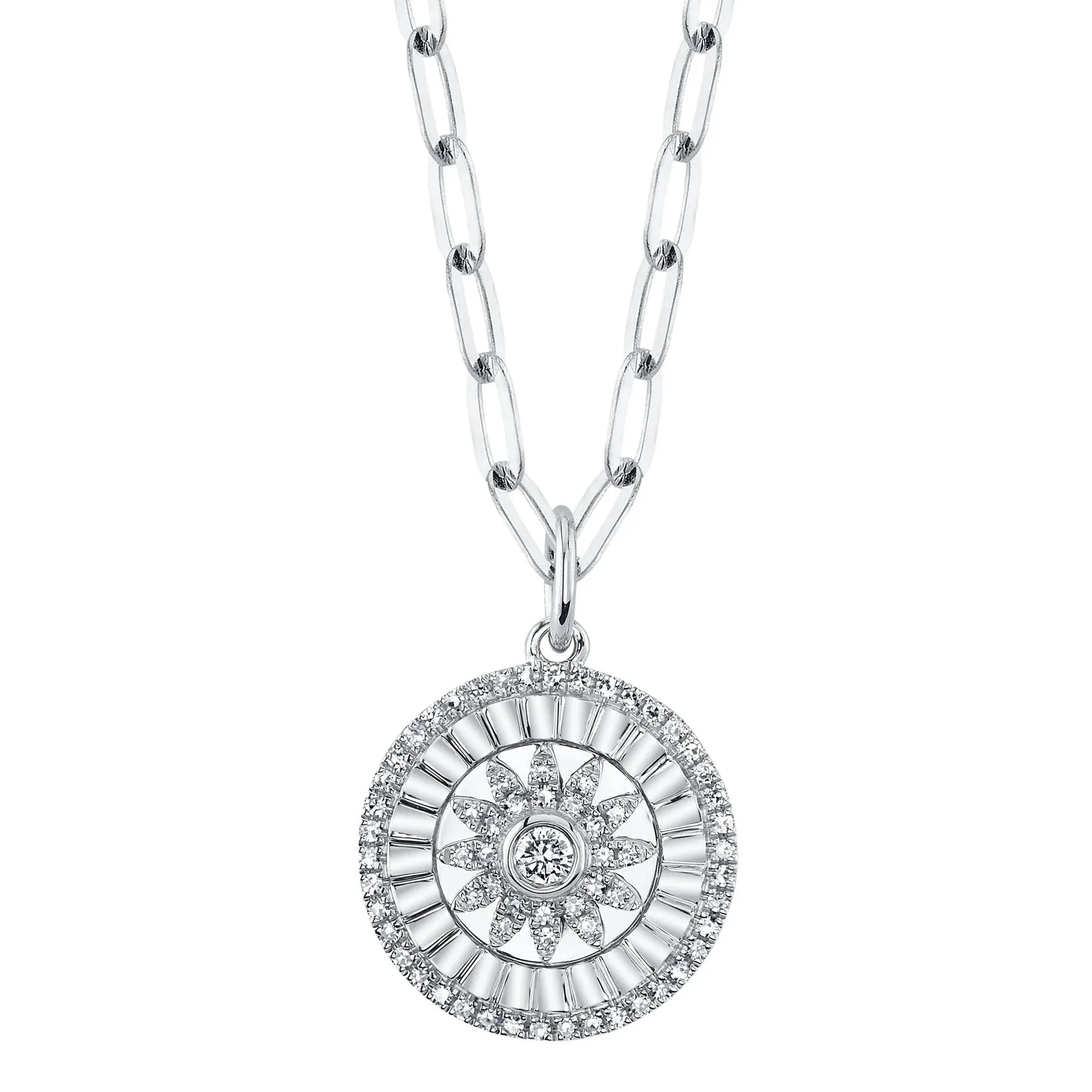 14K Gold 0.20 Carat Total Weight Diamond Flower Medallion Paperclip Chain Pendant Necklace