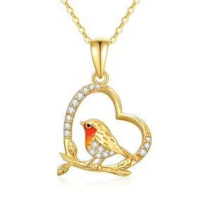 14K Gold Robin Bird Necklace for Women Mom, Solid Gold Heart Pendant with Mocking Bird Mothers Day Gift for Wife Girlfriend Her 