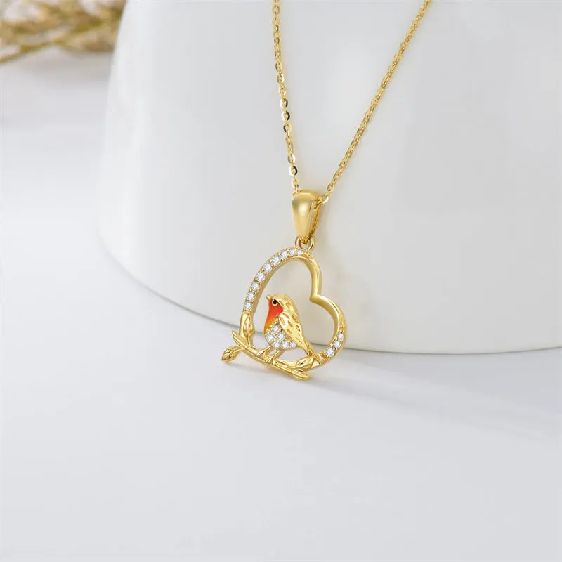 14K Gold Robin Bird Necklace for Women Mom, Solid Gold Heart Pendant with Mocking Bird Mothers Day Gift for Wife Girlfriend Her 