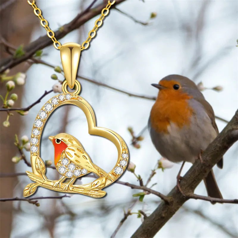 14K Gold Robin Bird Necklace for Women Mom, Solid Gold Heart Pendant with Mocking Bird Mothers Day Gift for Wife Girlfriend Her 