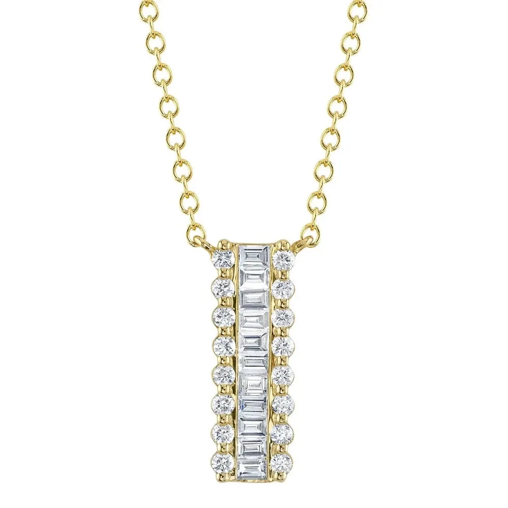 14K White or Yellow Gold 0.56 Carat Total Weight Baguette Diamond Bar Pendant Necklace