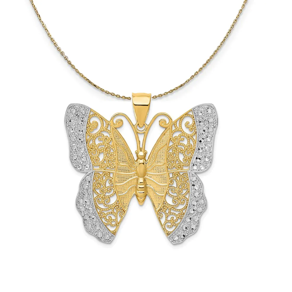 14k Yellow Gold & Rhodium 37mm Textured Butterfly Necklace