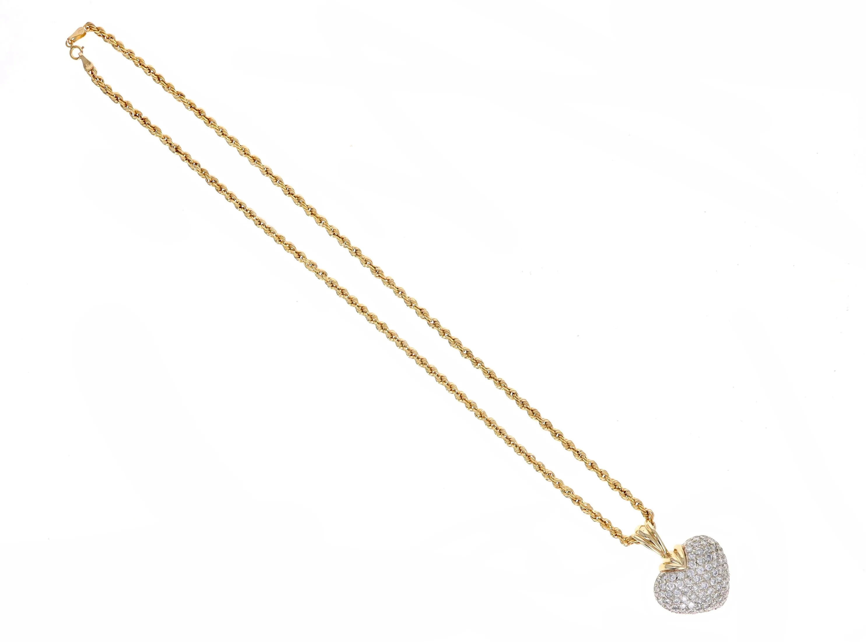 14K Yellow Gold 3.5 Carat Total Weight Round Brilliant Diamond Pave Heart Pendant Necklace