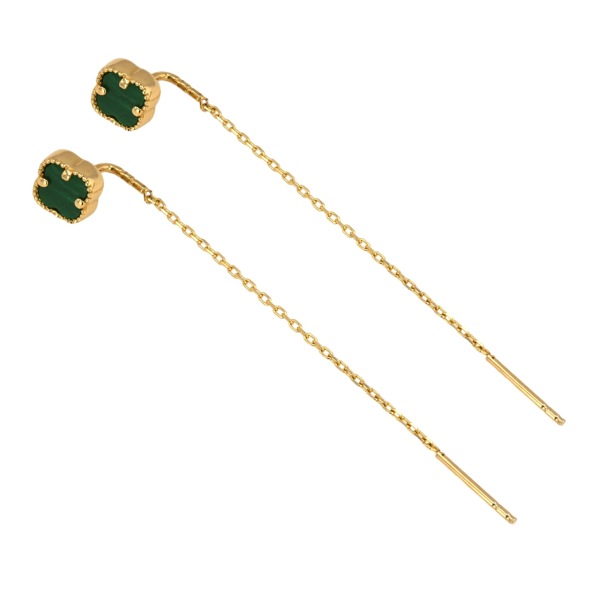 14K Yellow gold malachite clover dangling earrings-227453