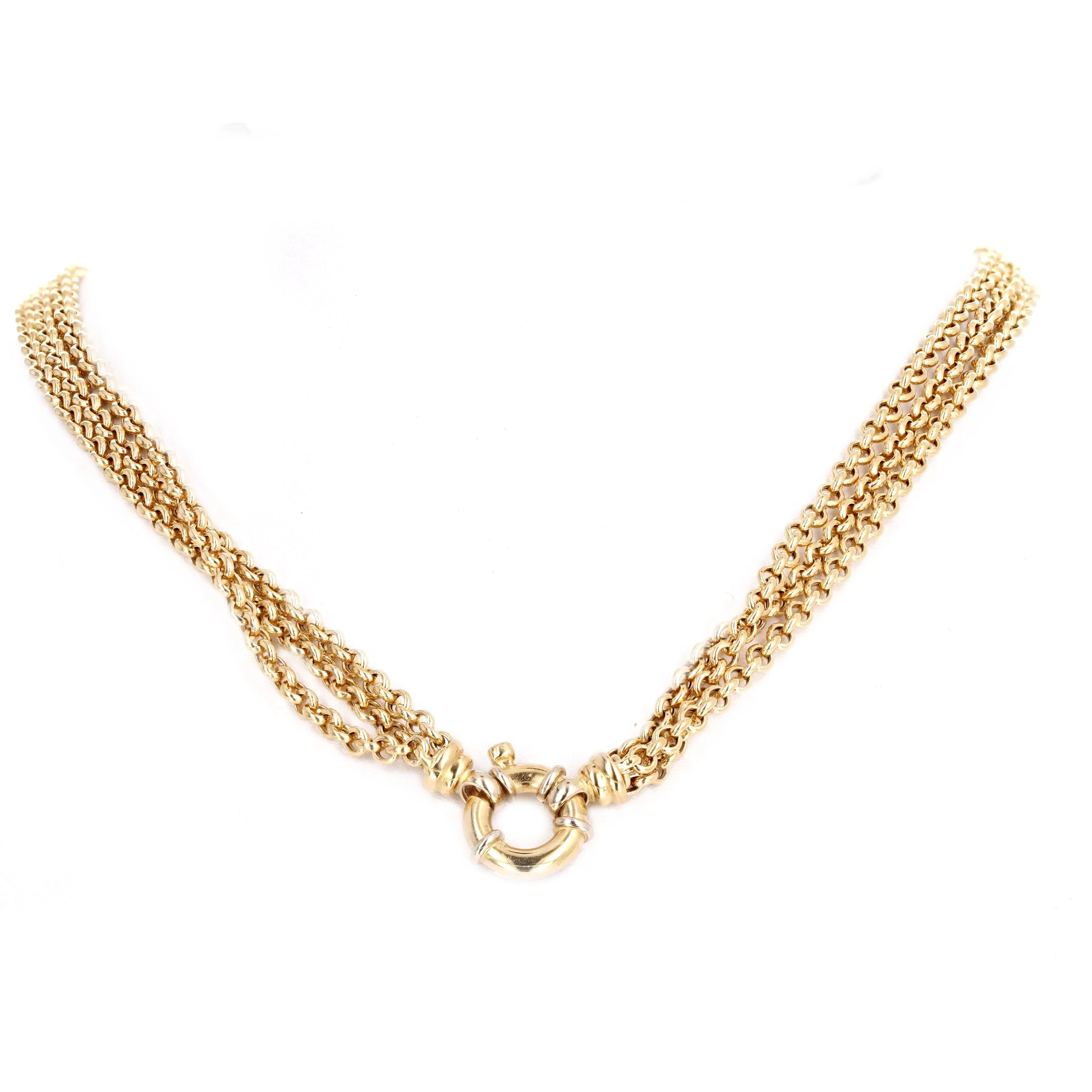 18K Yellow Gold Triple Rolo Strand Bolt Ring Closure Necklace