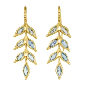 22K Gold Aquamarine Falling Leaf Earrings with White Pave Diamonds