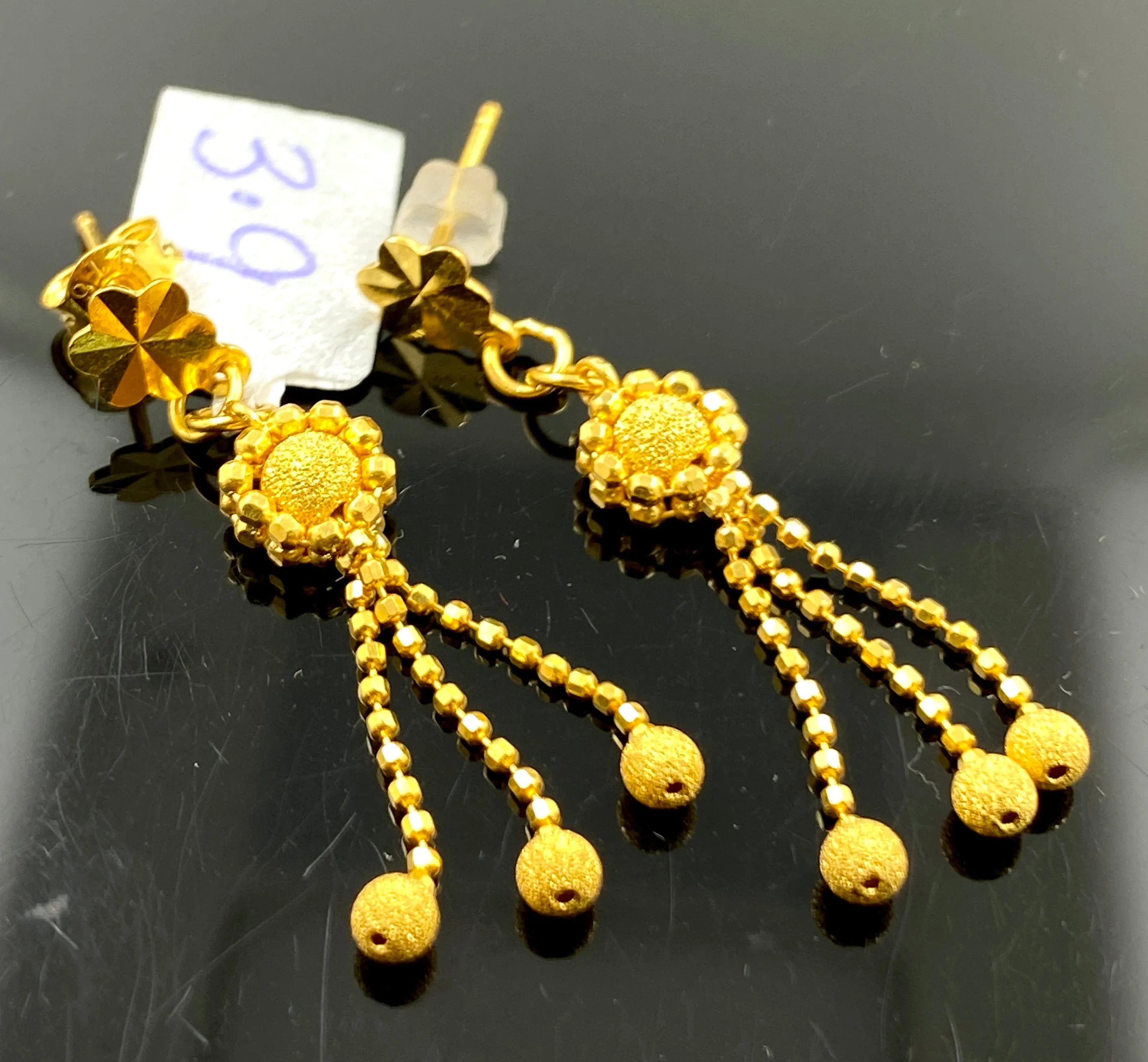 22K Solid Gold Long Earrings With Beads E9592