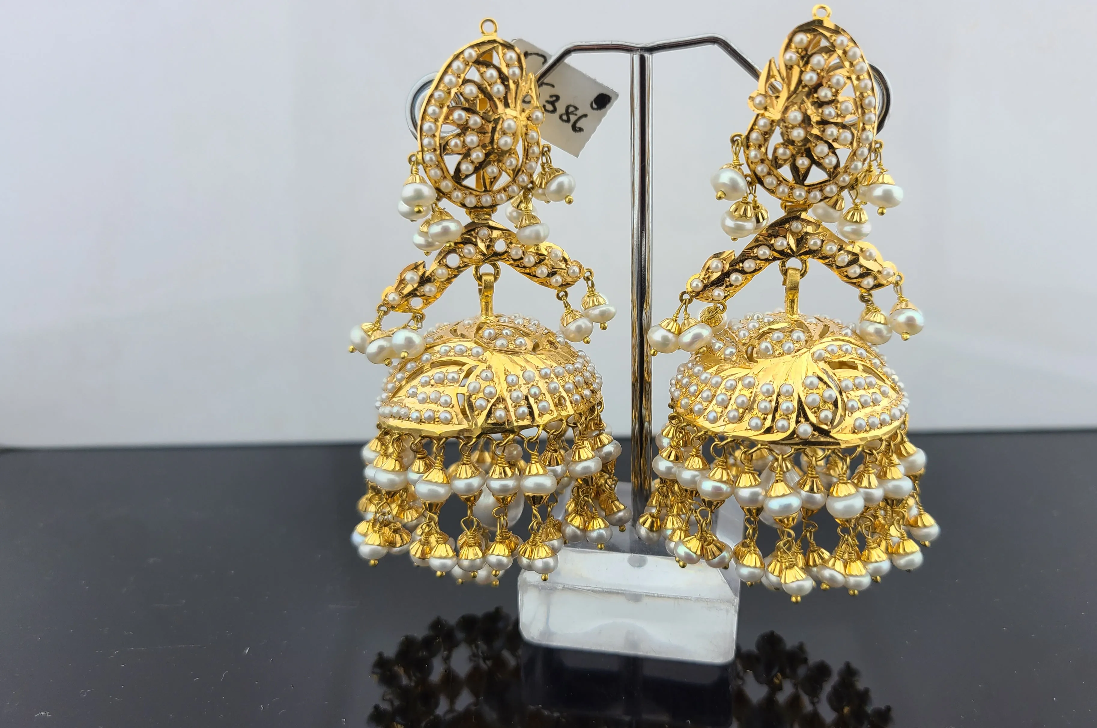 22K Solid Gold Pearl Jhumki Earrings E5386