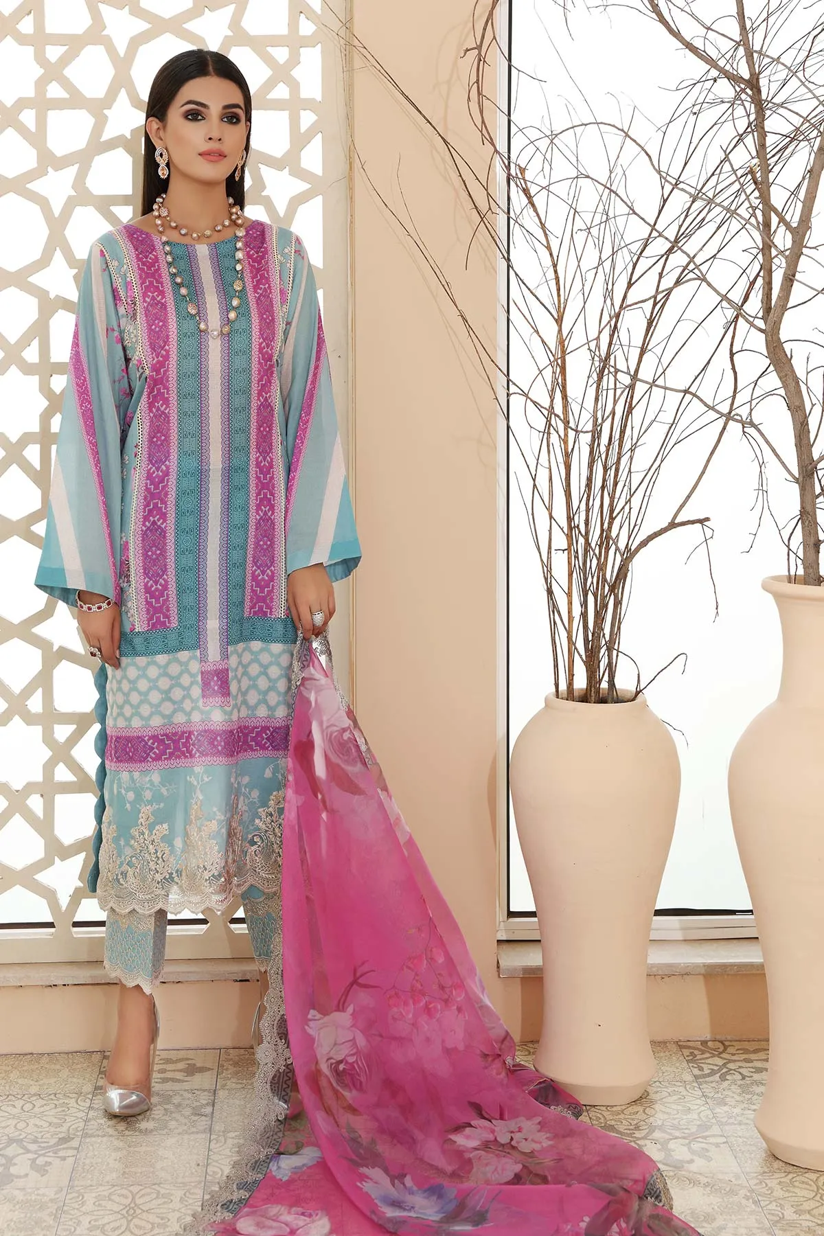 3 Pc Unstitched Embroidered Lawn With Chiffon Dupatta CEL-23