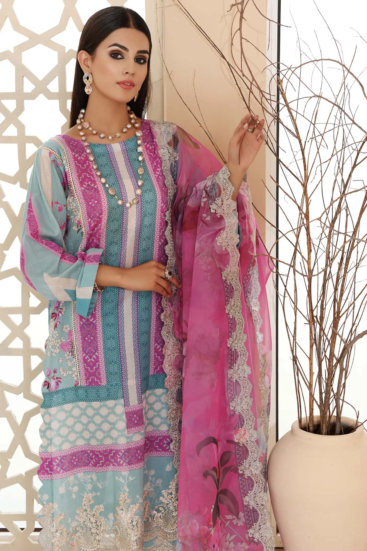 3 Pc Unstitched Embroidered Lawn With Chiffon Dupatta CEL-23