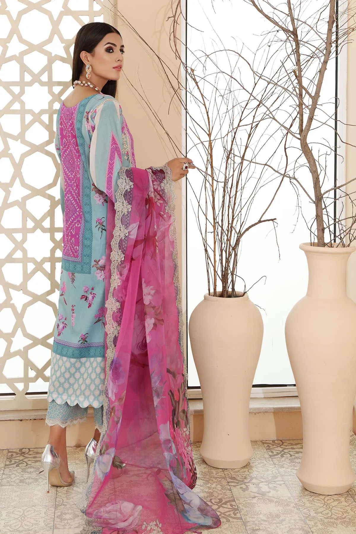 3 Pc Unstitched Embroidered Lawn With Chiffon Dupatta CEL-23