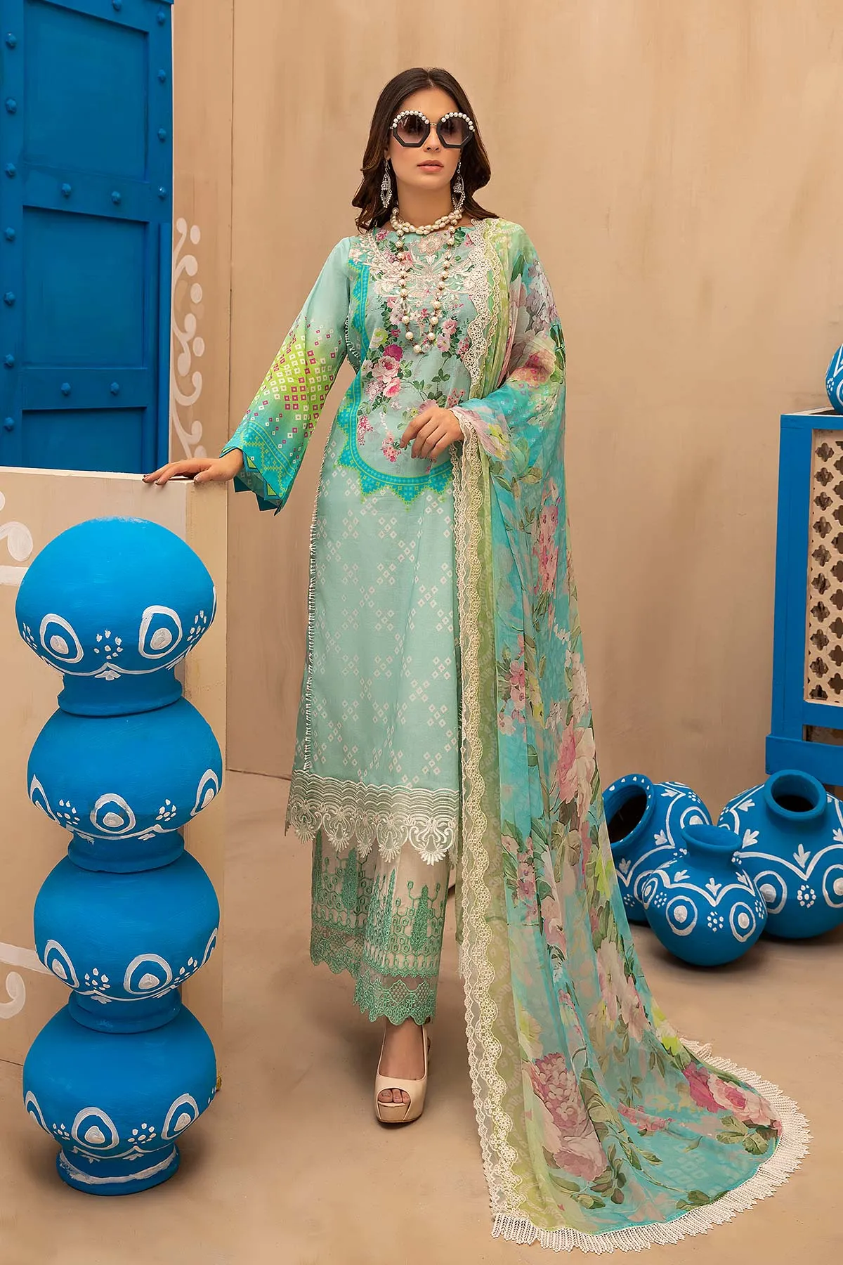 3-piece Unstitched Embroidered Lawn With Chiffon Dupatta CHN-01