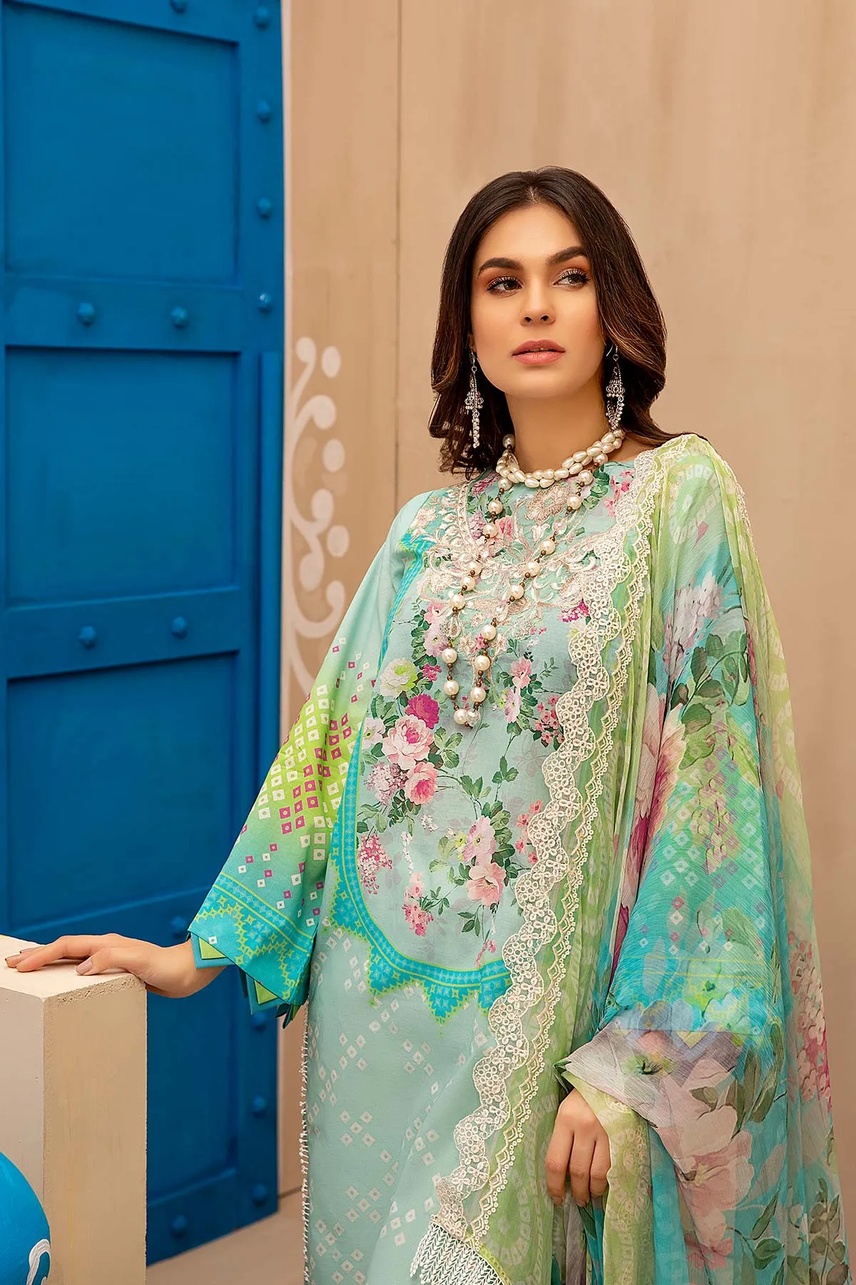 3-piece Unstitched Embroidered Lawn With Chiffon Dupatta CHN-01