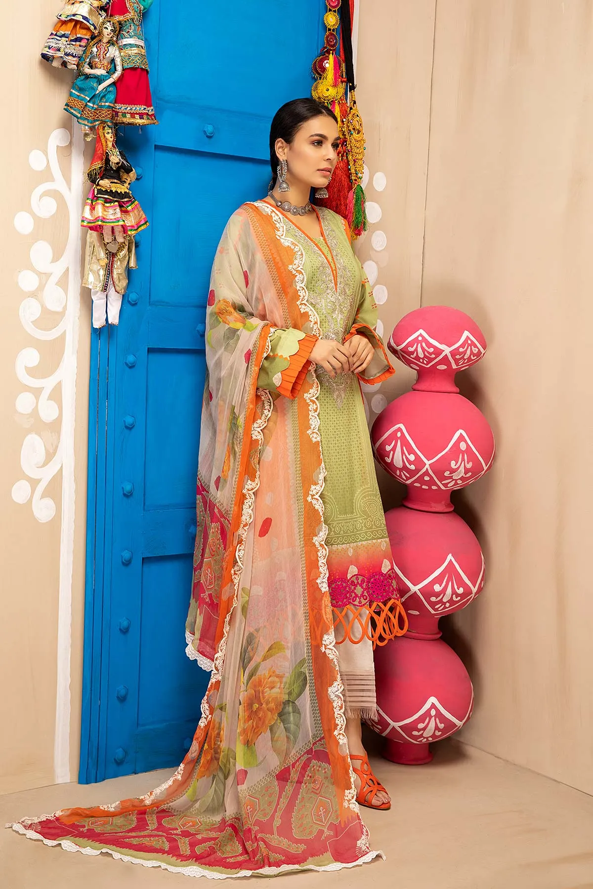 3-piece Unstitched Embroidered Lawn With Chiffon Dupatta CHN-03