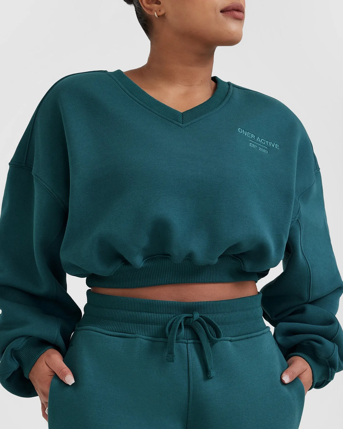 All Day Est 2020 Crop V-Neck Sweatshirt | Marine Teal