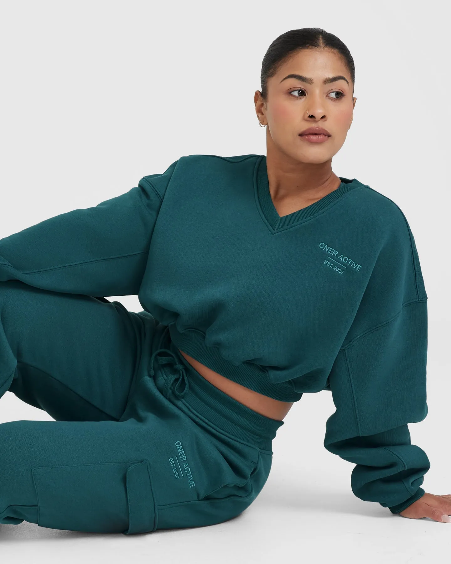 All Day Est 2020 Crop V-Neck Sweatshirt | Marine Teal