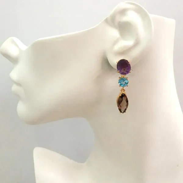 Amethyst Stud with Blue Topaz and Smokey Quartz Detachable Twinset Earrings