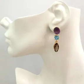 Amethyst Stud with Blue Topaz and Smokey Quartz Detachable Twinset Earrings