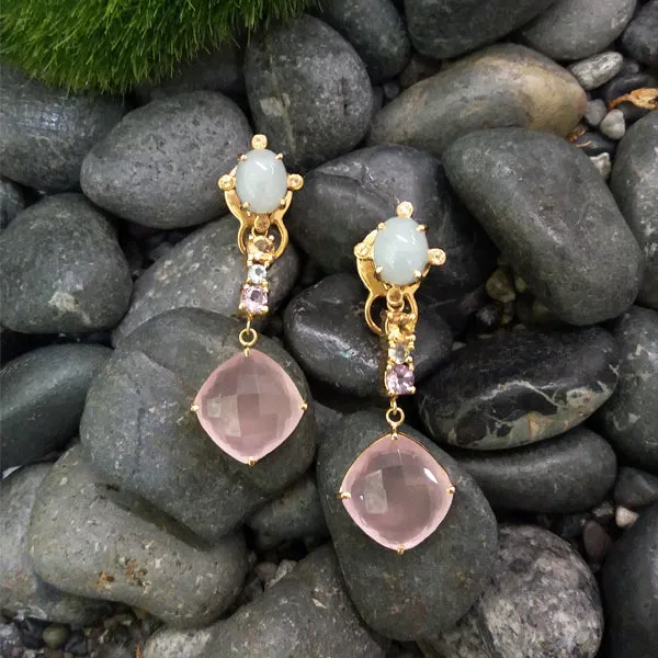 Aquamarine with Citrine stud with Citrine, Blue Topaz,Amethyst & Rose Quartz Twinset Earrings