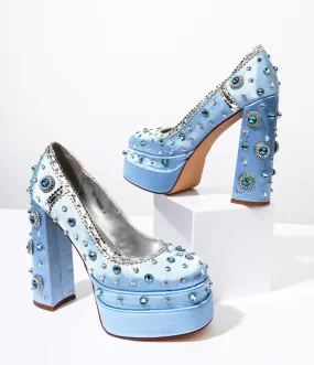 Baby Blue Rhinestone Embellished Platform Heels