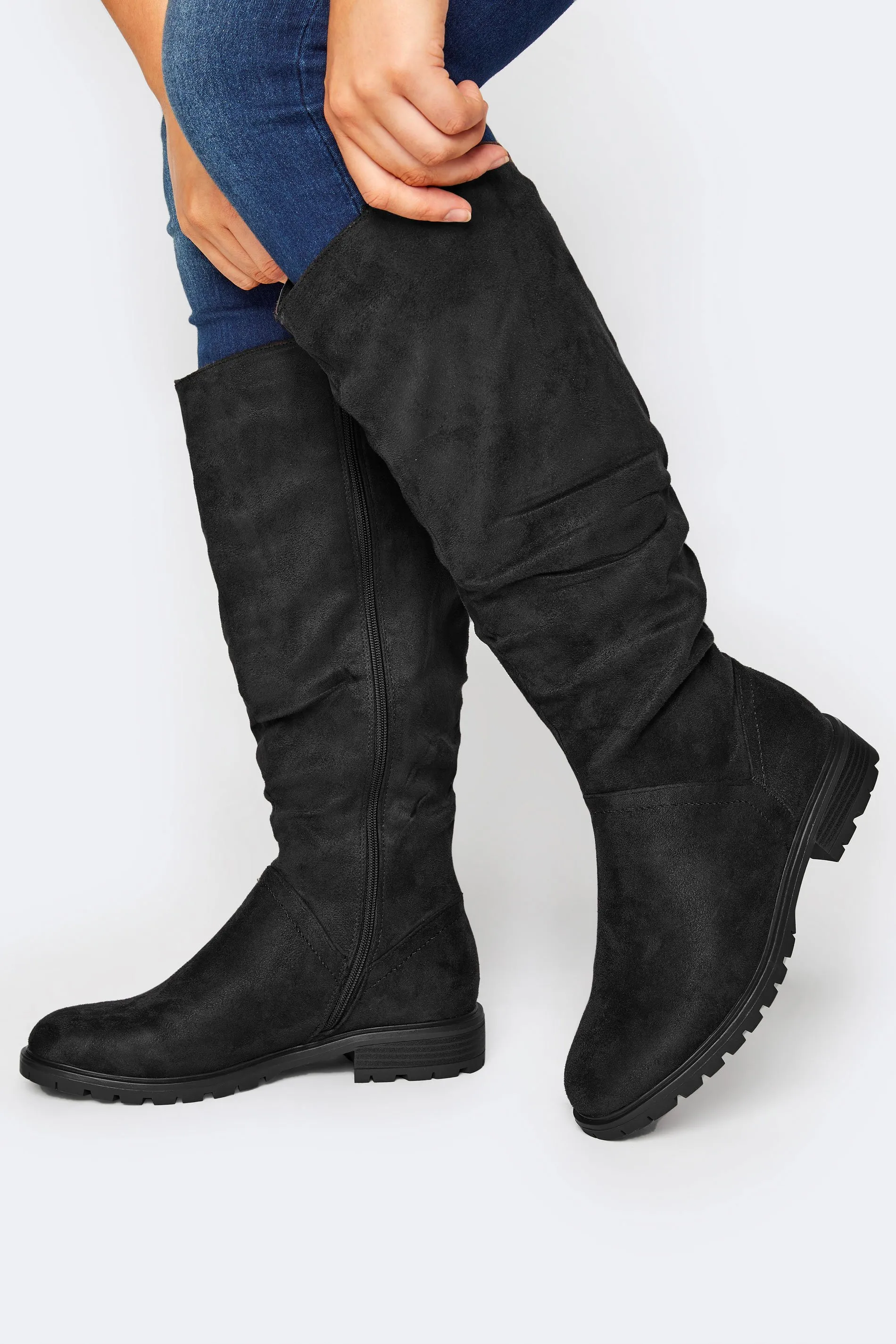 Black Ruched Cleated Boots In Wide E Fit & Extra Wide EEE Fit