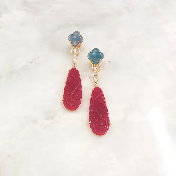 Blue Agate Stud with White Zircon & Carved Red Jade Twinset Earrings