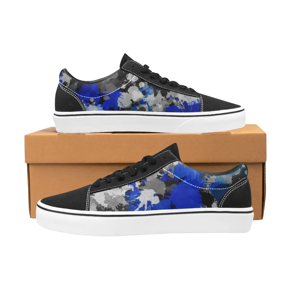 Blue and Grey Paint Splatter Men's Low Top Skateboarding Shoes