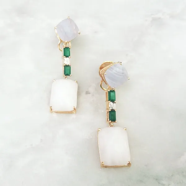 Blue Lace Agate Studs with White Topaz, Green Agates & White Agate Dangle Twinset Earrings