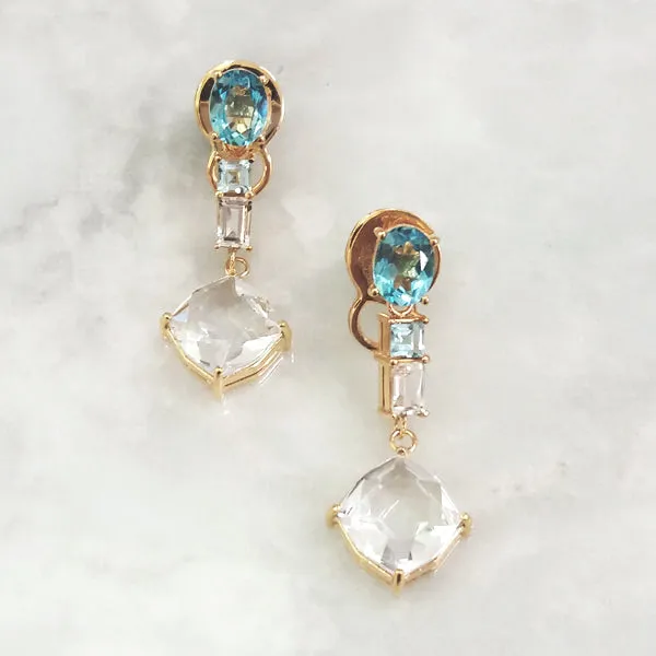 Blue Topaz Studs with Blue Topaz, White Topaz & White Quartz dangle Twinset Earrings