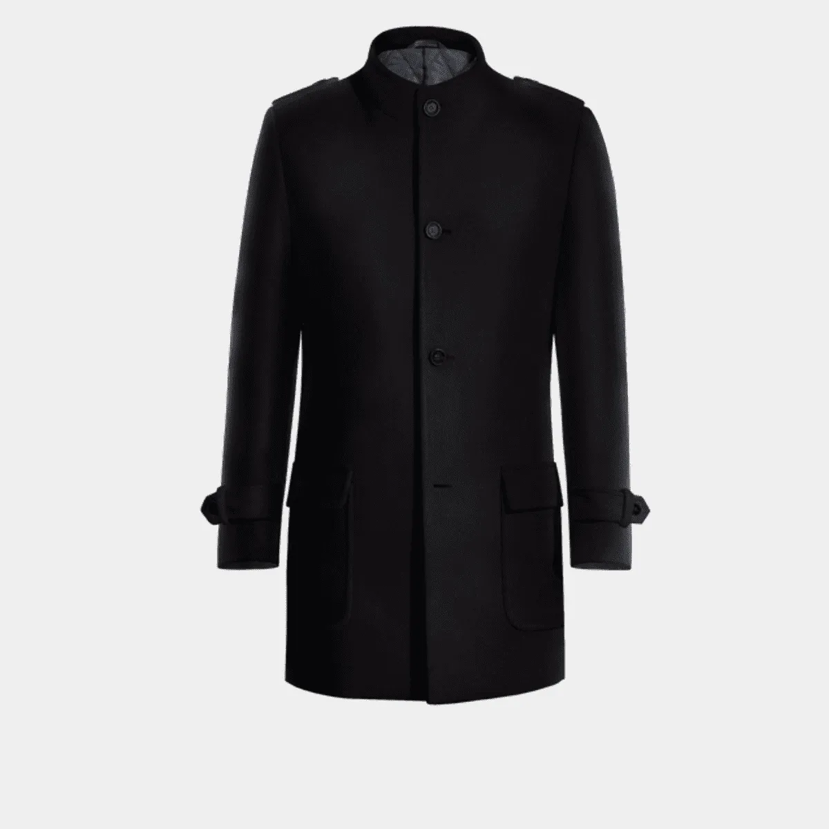 Blue Wool Funnel neck Coat with epaulettes