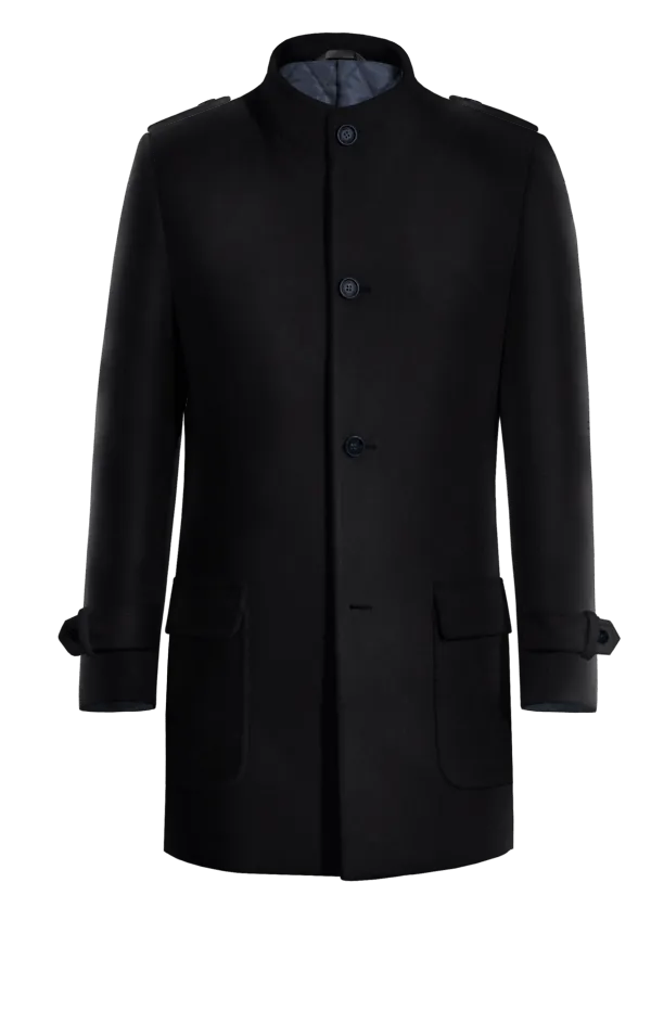 Blue Wool Funnel neck Coat with epaulettes