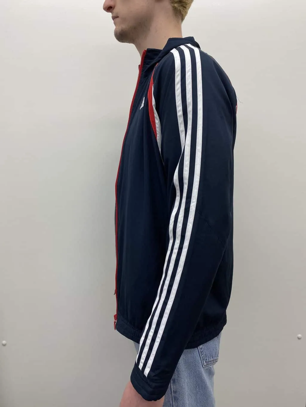 Boys Adidas three stripe sports jacket in navy, white & red – Age 15-16