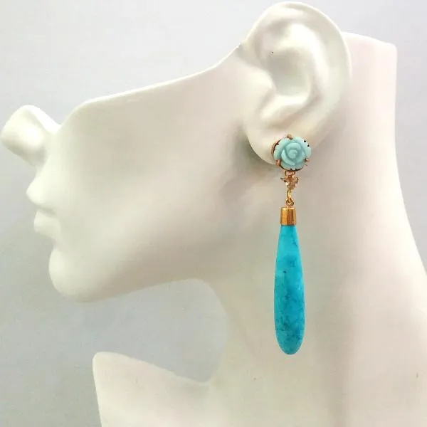 Carved Flower Aquamarine Stud with Green Agate & Long Drop Turqouise Detachable Twinset Earrings