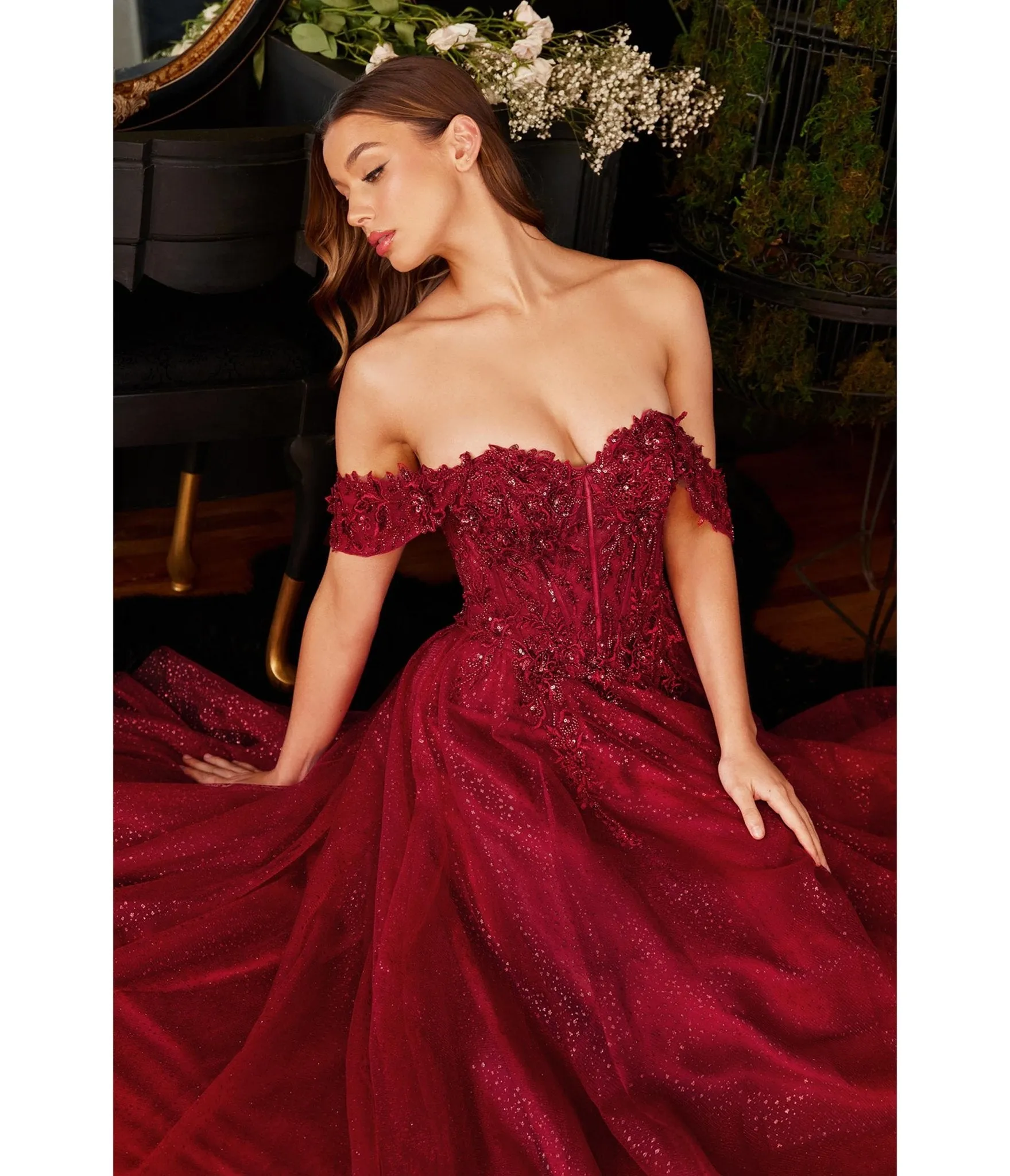 Cinderella Divine  Burgundy Glitter Lace & Tulle Embellished Off The Shoulder Prom Gown