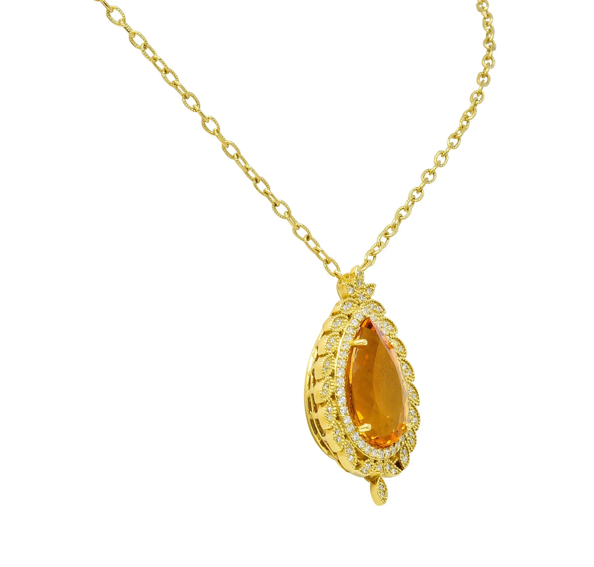 Citrine 1.05 CTW Diamond 18 Karat Gold Foliate Cluster Pendant Necklace