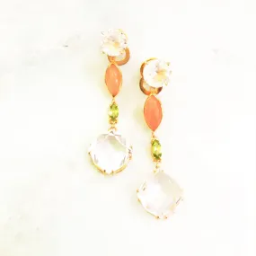 Clear Quartz Stud with Orange Moonstone(Carnerlian), Peridot and Clear Quartz Twinset Earrings