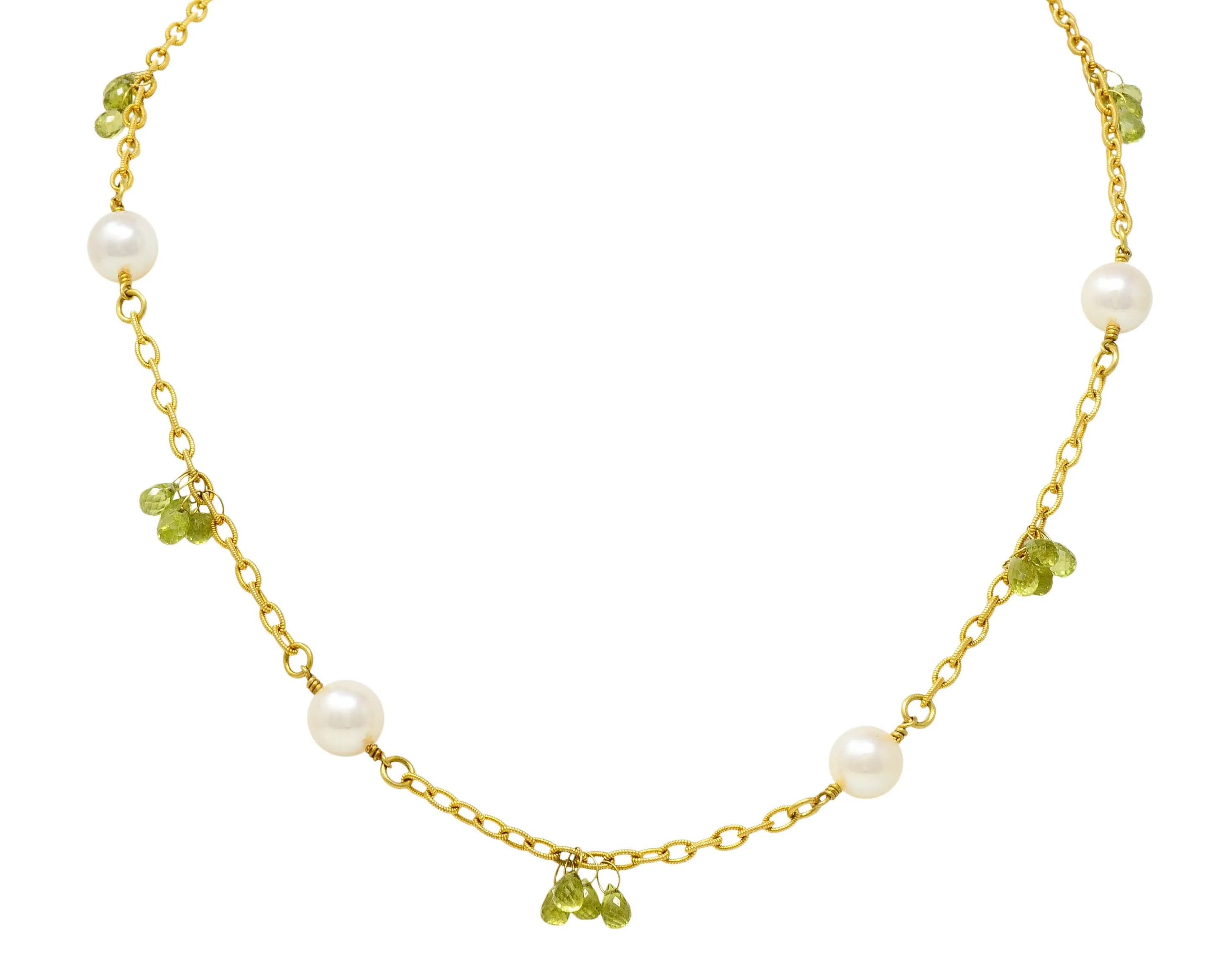 Contemporary Cultured Pearl Peridot 18 Karat Gold Station Necklace