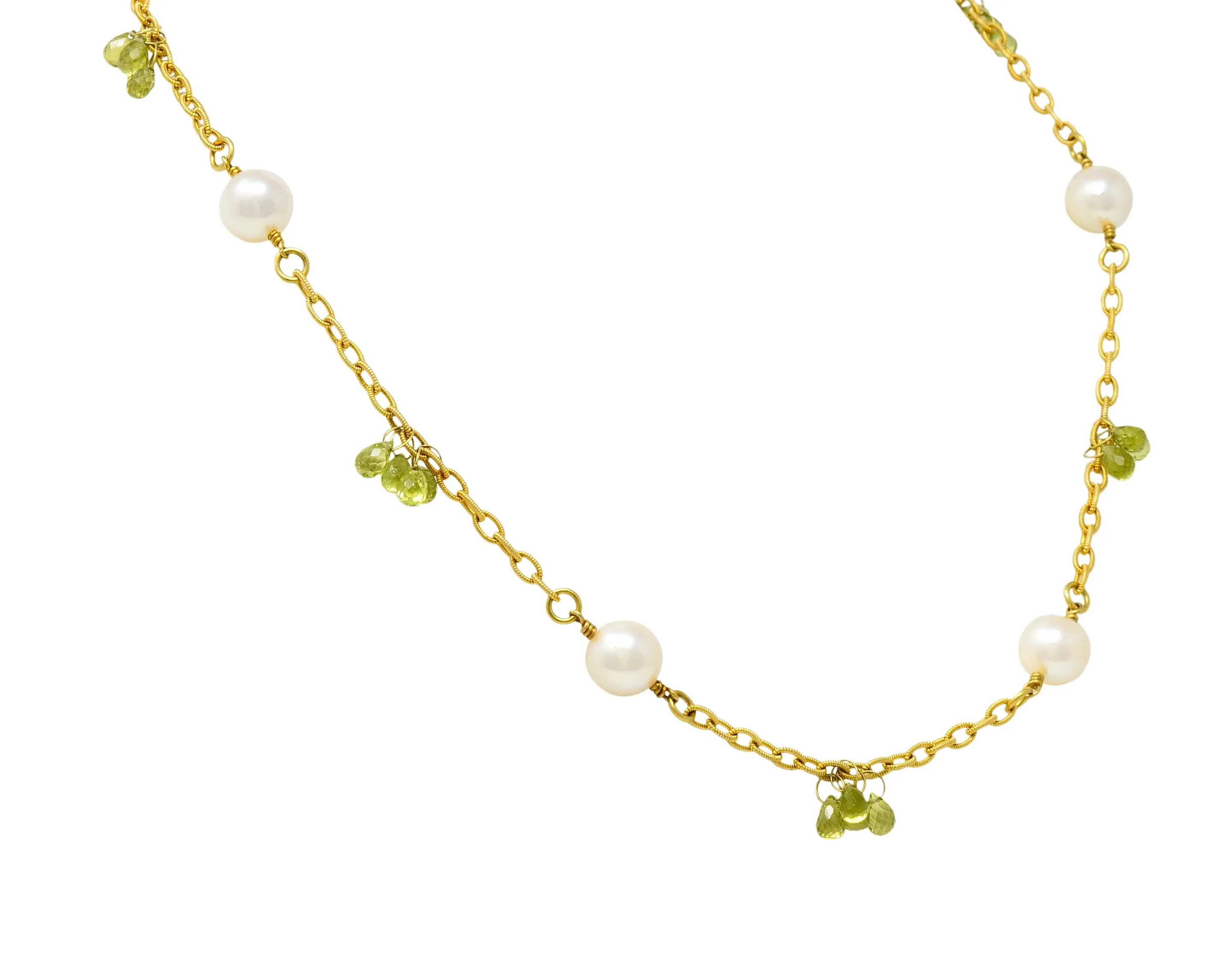 Contemporary Cultured Pearl Peridot 18 Karat Gold Station Necklace