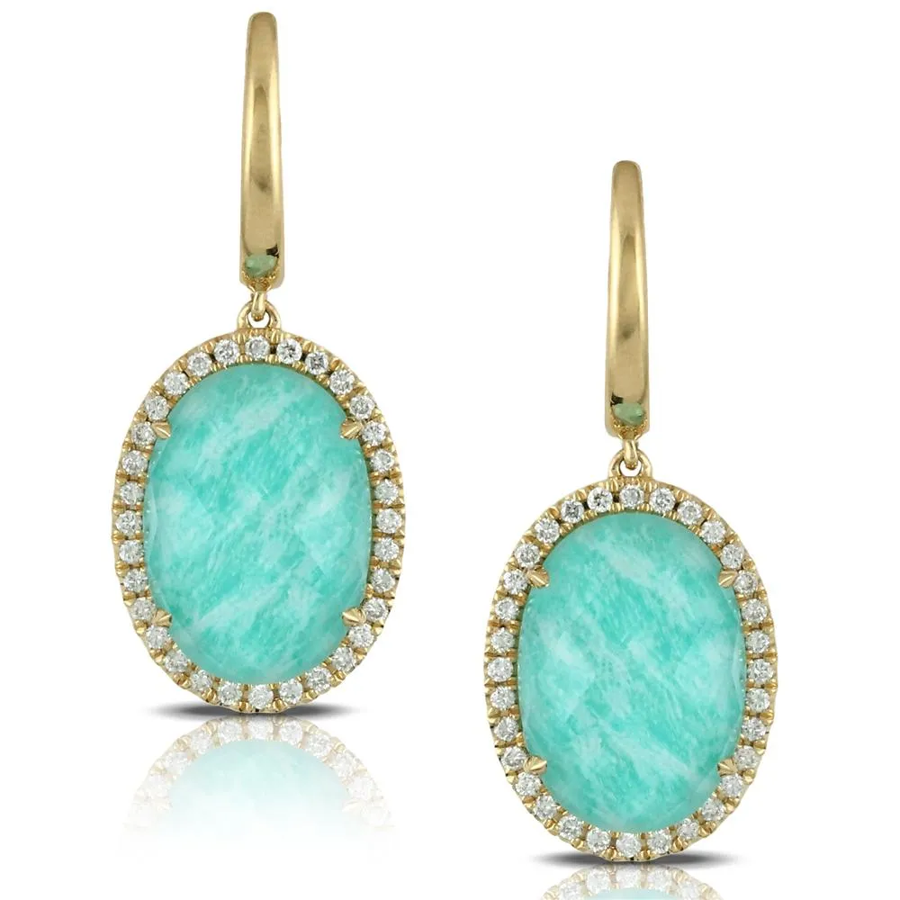 Doves White Topaz Amazonite Oval Doublet Drop Diamond Halo Earrings