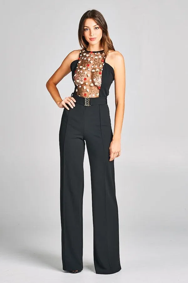 Embroidered Lace Top Jumpsuit With Belt Detail