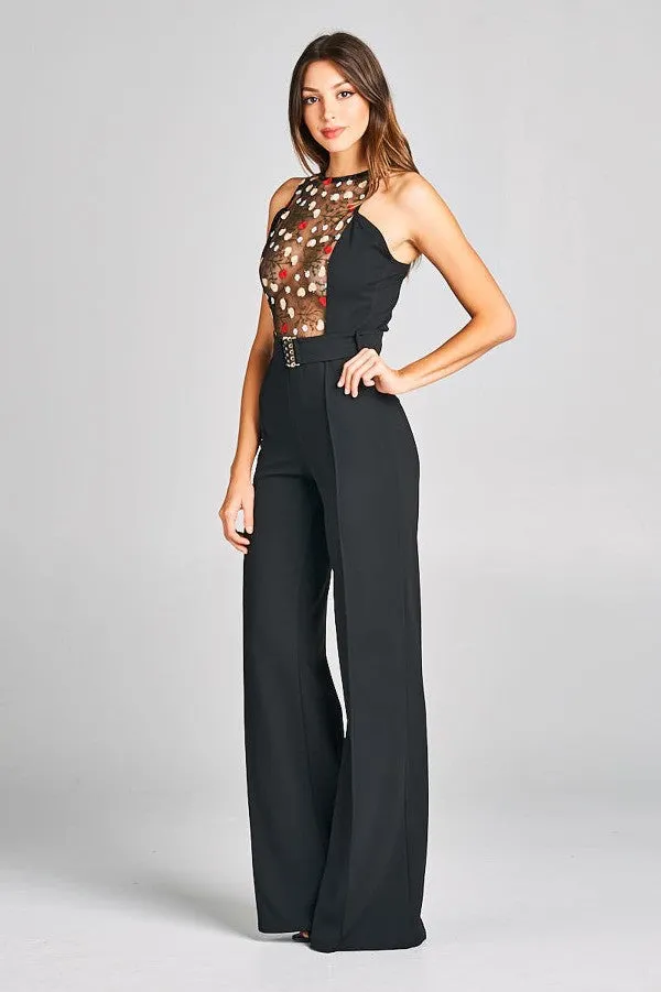 Embroidered Lace Top Jumpsuit With Belt Detail