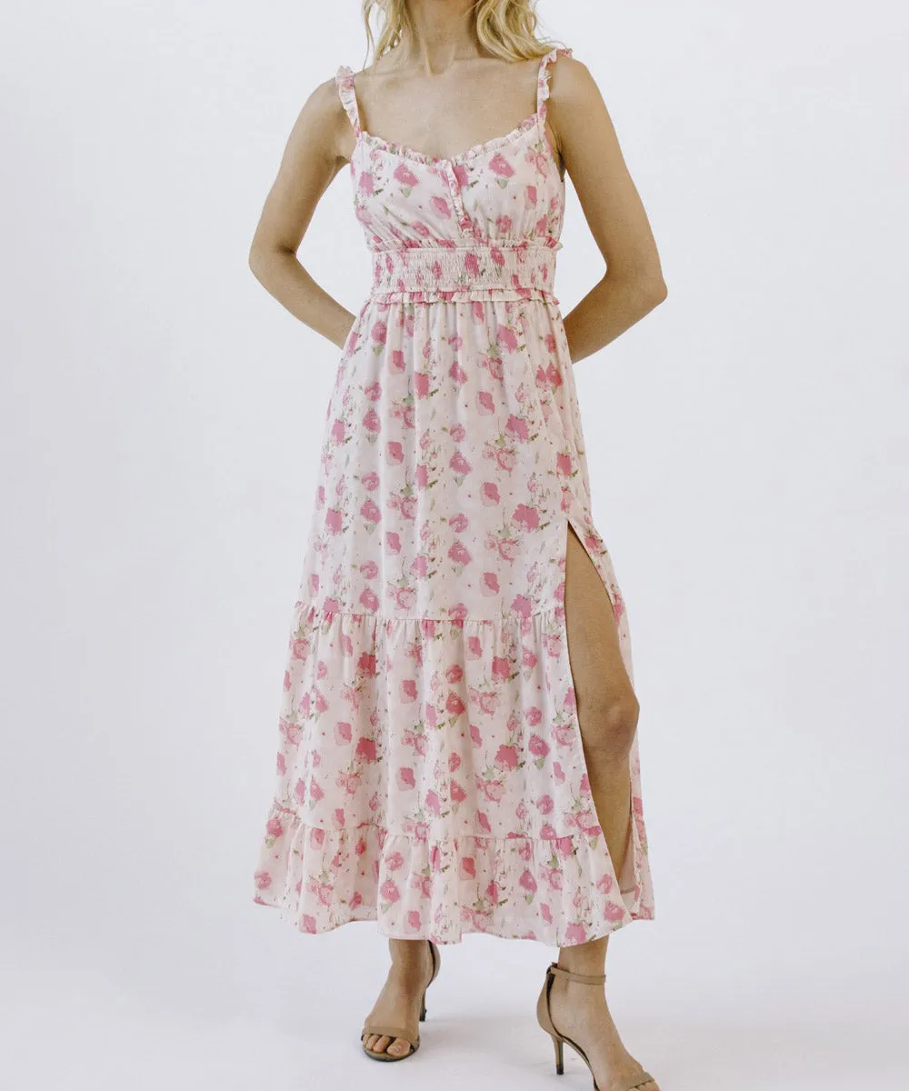 Floral Print Sleeveless Dress with Slit - Pink Floral