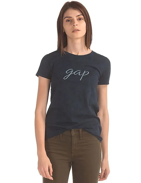 GAP Women Blue Floral Print Logo Tee