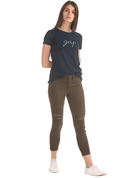 GAP Women Blue Floral Print Logo Tee