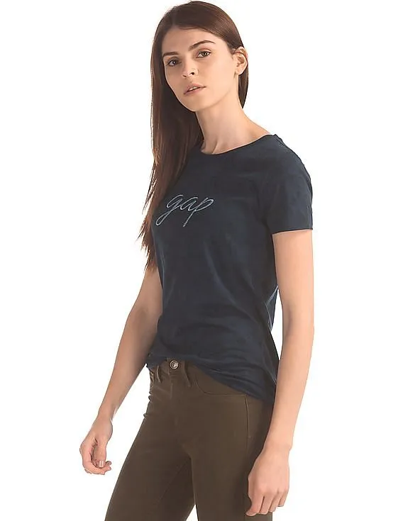 GAP Women Blue Floral Print Logo Tee