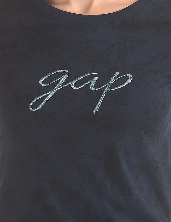 GAP Women Blue Floral Print Logo Tee