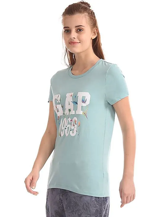 GAP Women Blue Logo Floral Print Tee