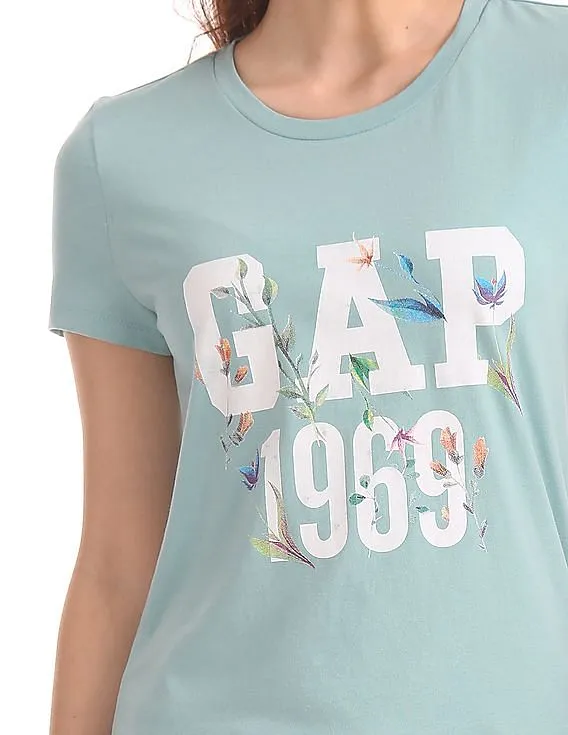 GAP Women Blue Logo Floral Print Tee