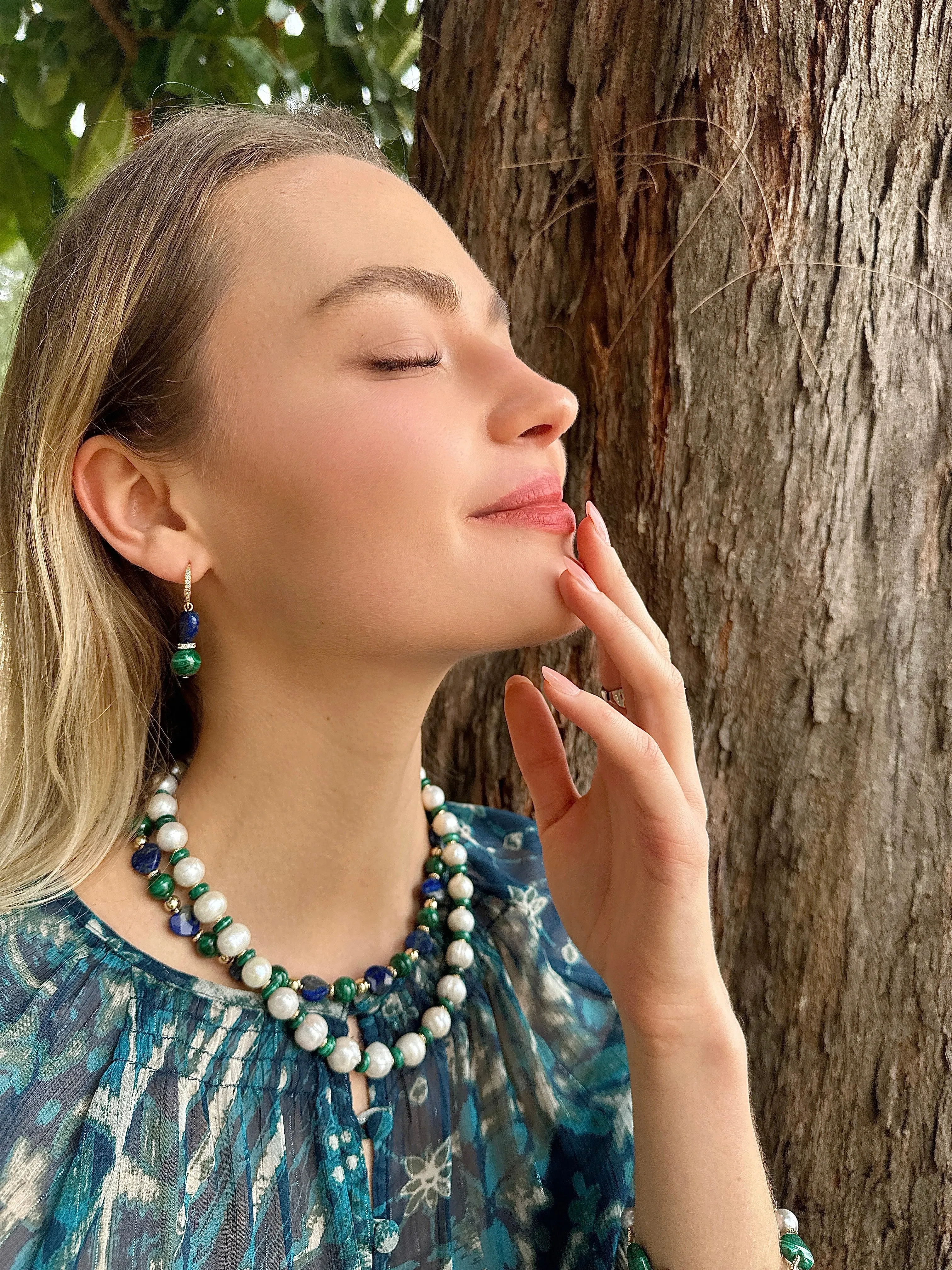 Heart-Shaped Lapis with Round Malachite Statement Necklace LN048